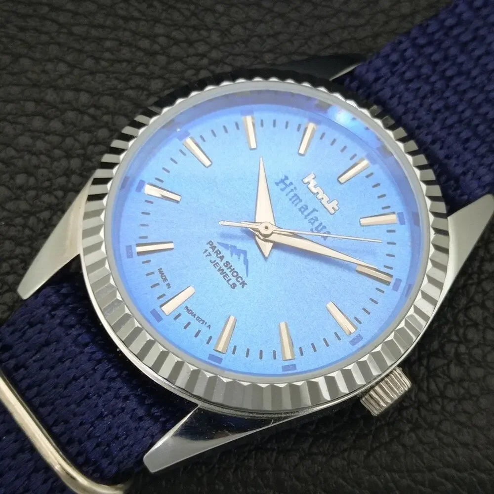 Vintage 1982 HMT Manual Wound Mens Silver Watch & Blue accents